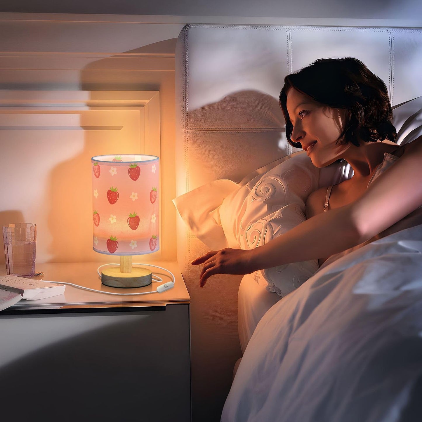 Oarencol Bedside Table Lamp Cute Strawberry Florals Nightstand Lamp with Wood Fruits Flowers Pink Desk Lamps for Bedroom Living Room Nursery Office Home Decor