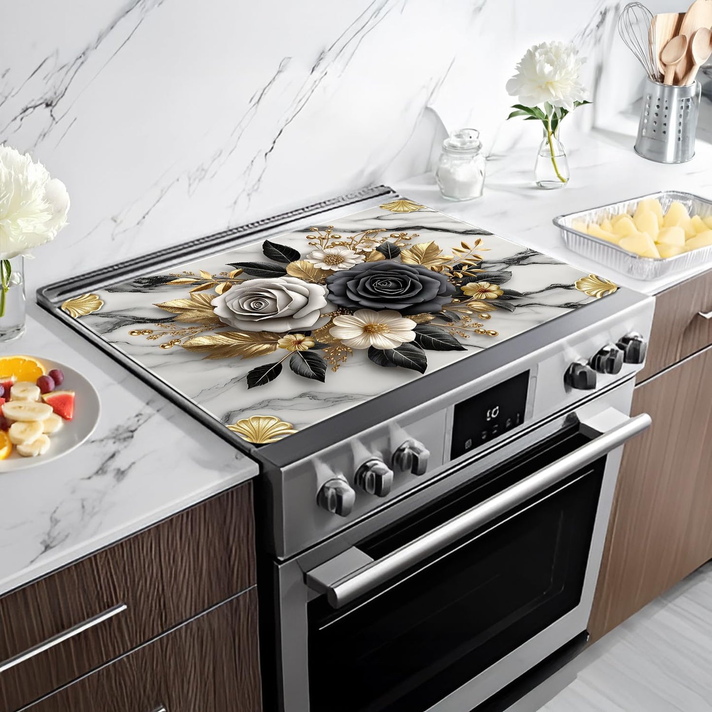 Flower Stove Top Cover for Electric Stove, Rose Range Covers, Black White Range Top Mat, Gold Flower Leaf Cooktop Cover 28x20 inch, Marble Pattern Cooktop Covers for Kitchen Holiday Home Decor