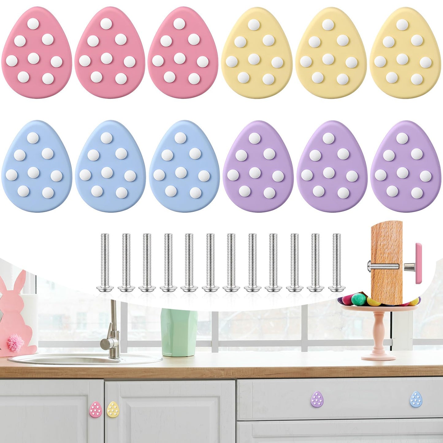 Moxweyeni 12 Pieces Easter Egg Silicone Cabinet Knobs Decor Hand Eggs Cabinet Knobs Cover Pastel Easter Decorative Drawer Knob Decor for Kitchen Home Spring Party Decorations