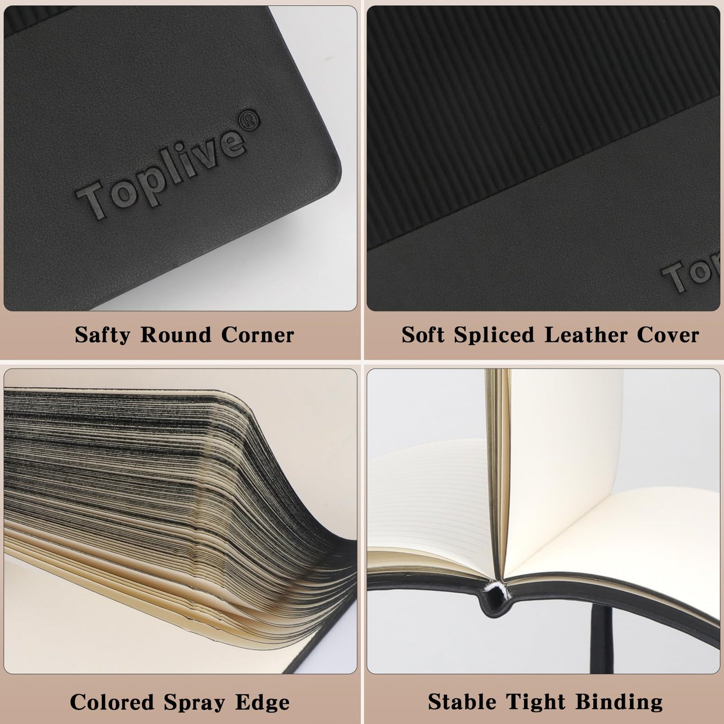 Toplive A5 Journal Notebook Soft Flexible Leather Cover, Premium Thick Lined and Blank Paper Double Layout 8.26" x 5.7" with Metal Bookmark, Black