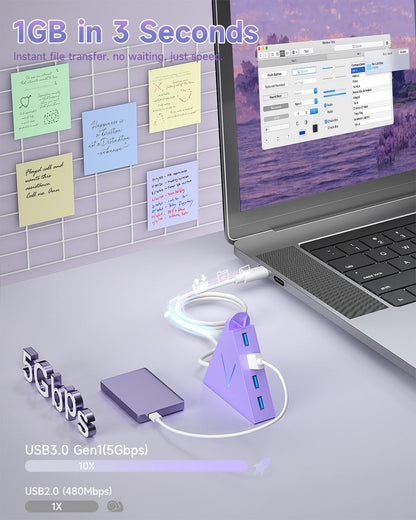 4-Port USB 3.0 Hub, FlyingVHUB Vertical Data USB Hub with 2 ft Extended Cable, for Mac, PC, Xbox One, PS4, PS5, iMac, Surface Pro, XPS, Laptop, Desktop, Flash Drive, Mobile HDD(Pink)