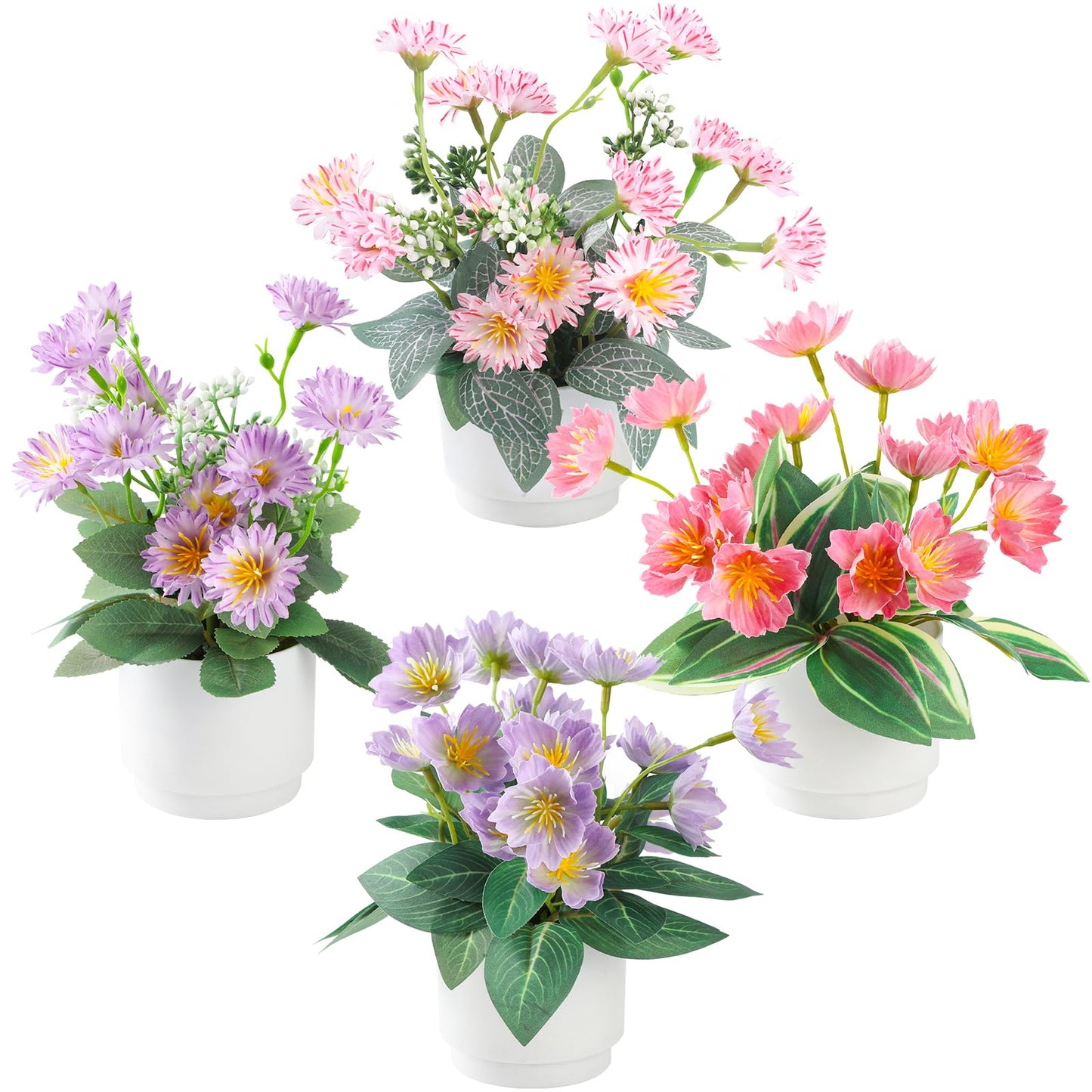 TerraVerve Boho Style 4-Piece Silk Flower Arrangement | Realistic Artificial Plants with Vase | Daisy & Lily Pots | No Maintenance Required