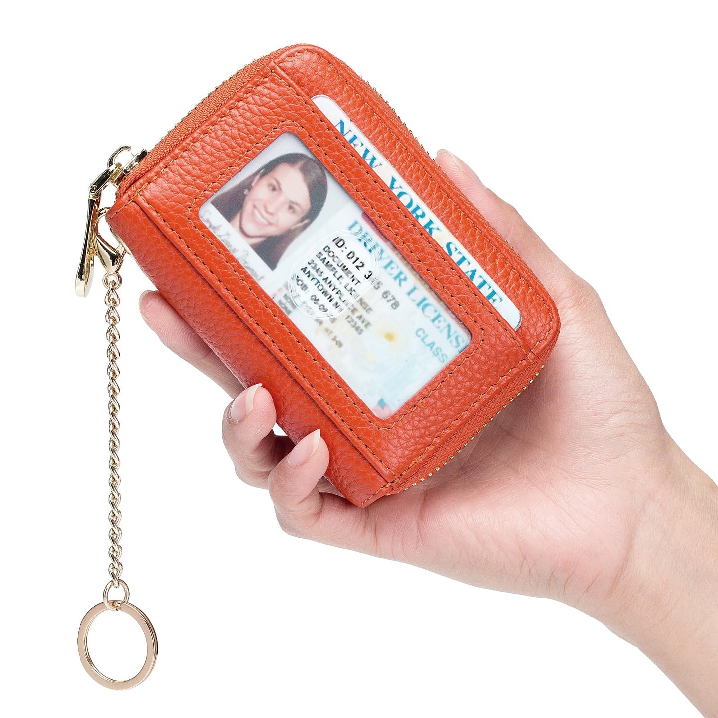 imeetu RFID Credit Card Holder, Small Leather Zipper Card Case Wallet with Keychain and ID Window for Women (Pro,Orange)