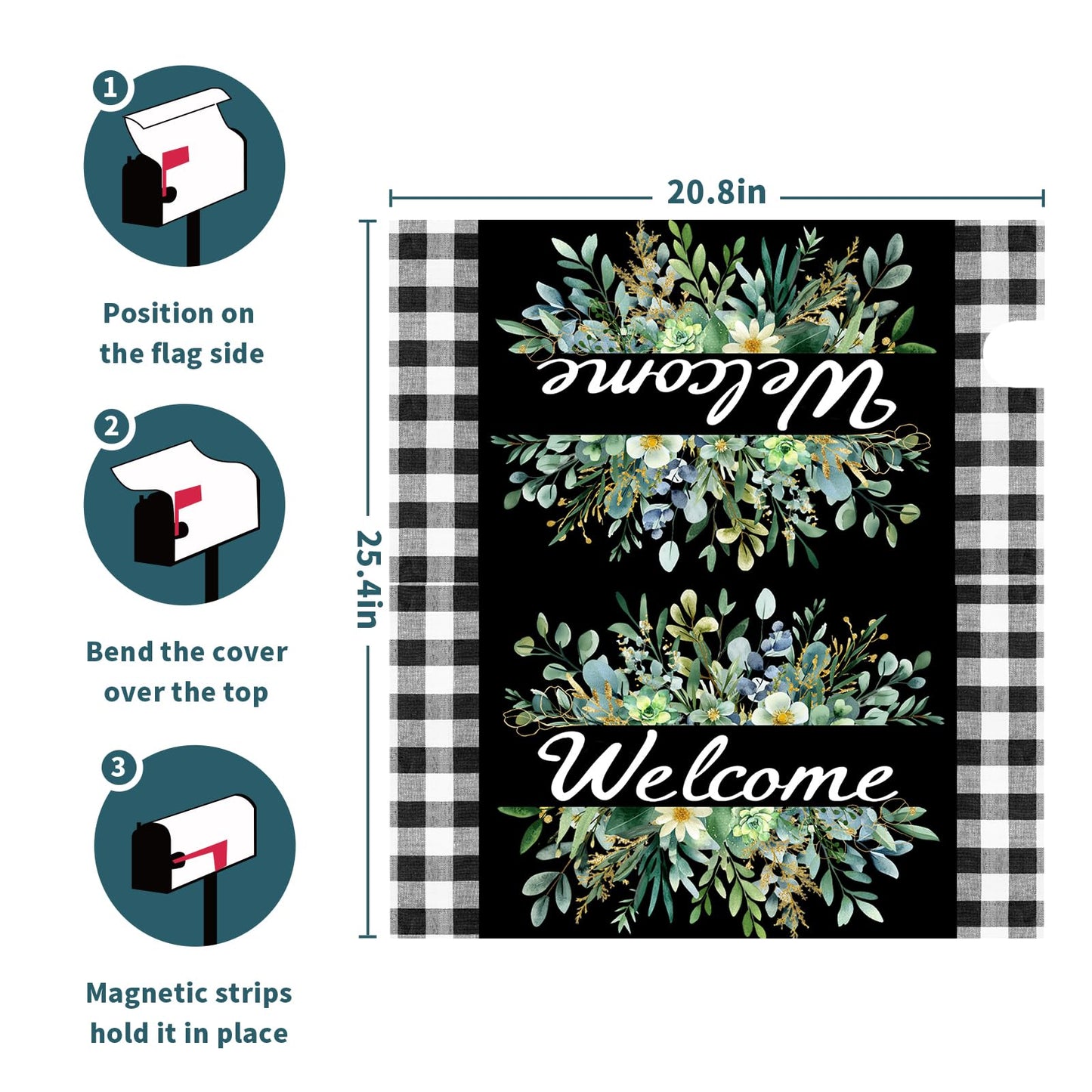 Spring Summer Wreath Welcome Mailbox Covers Magnetic Spring Black White Buffalo Plaid Mailbox Cover Large Green Wreath Mailbox Wraps Post Letter Box Cover Decor for Home Farmhouse Gadern Yard 25"x21"