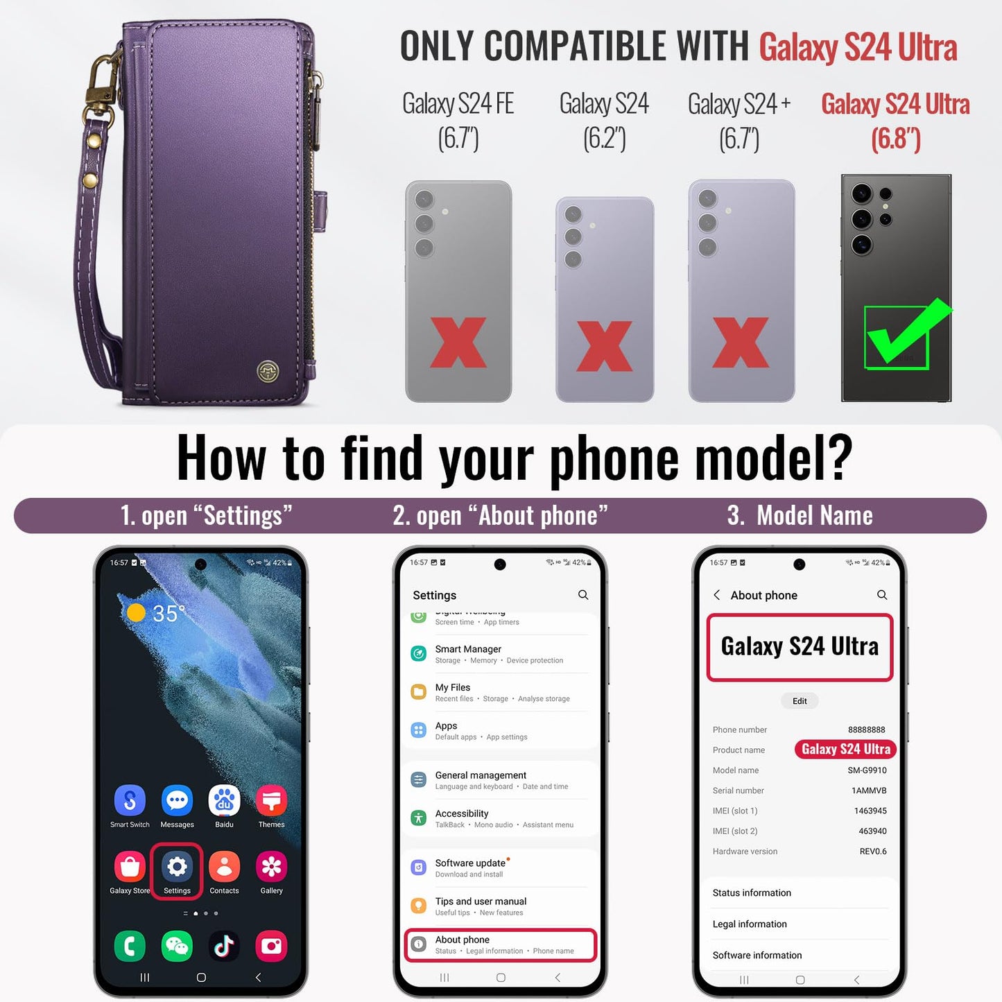 Defencase Compatible with Samsung Galaxy S24 Ultra Case Wallet with RFID Blocking Card Holder for Women Men, PU Leather Magnetic Snap Flip Zipper Strap Phone Case Fit for Galaxy S24 Ultra 5G, Purple