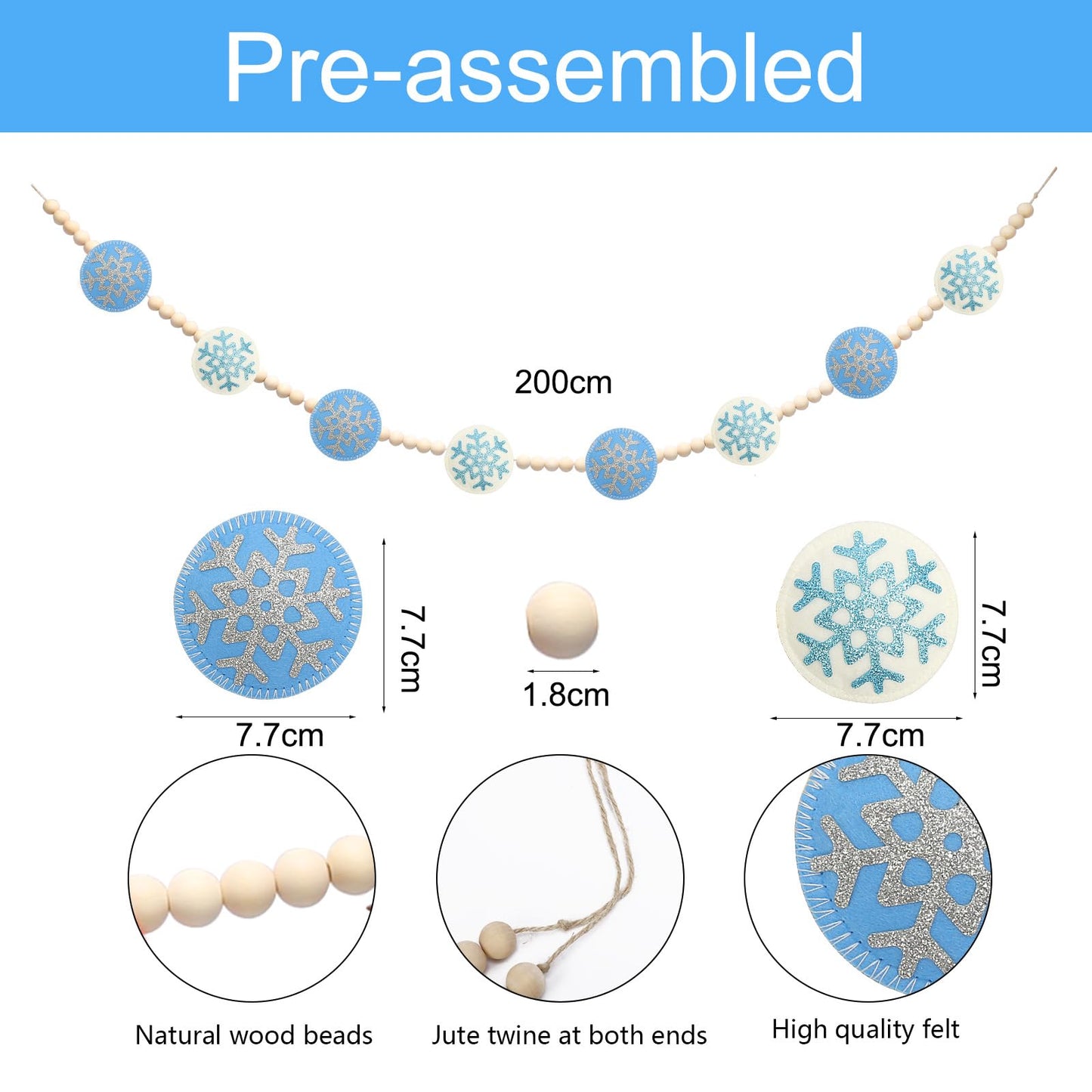 RGISHOP Felt Snowflake & Wood Bead Garland - 6.5FT Christmas Decorations for Home Fireplace Wall Hanging