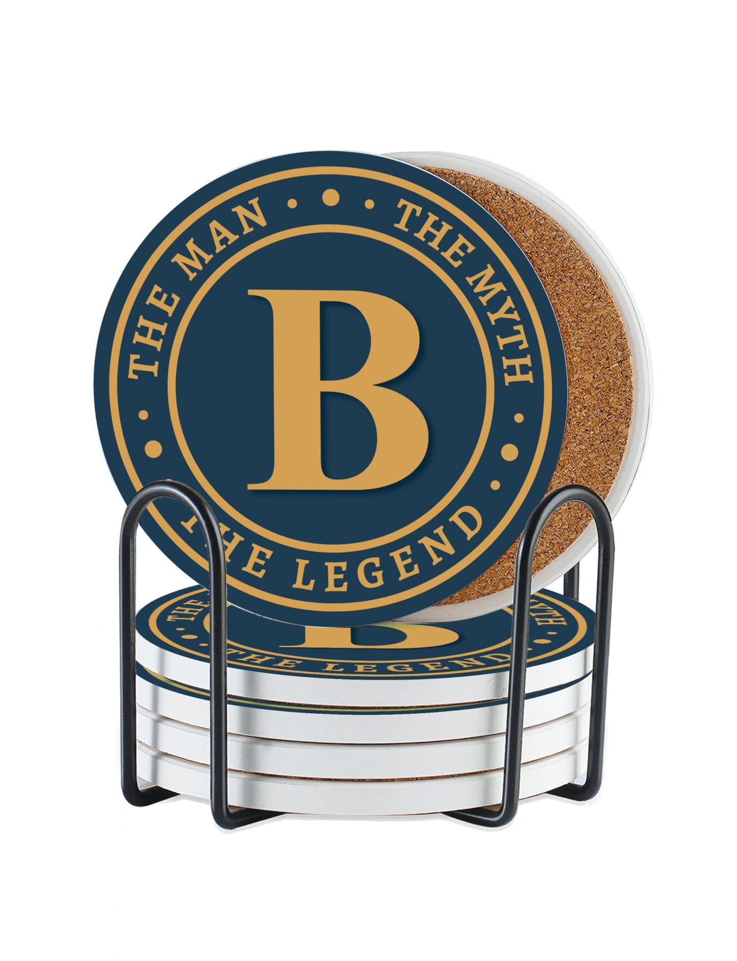 Onebttl Monogram Initial Gifts for Men - The Man The Myth The Legend Ceramic Coaster Set of 6 - with Holder and Absorbent Cork Base - B