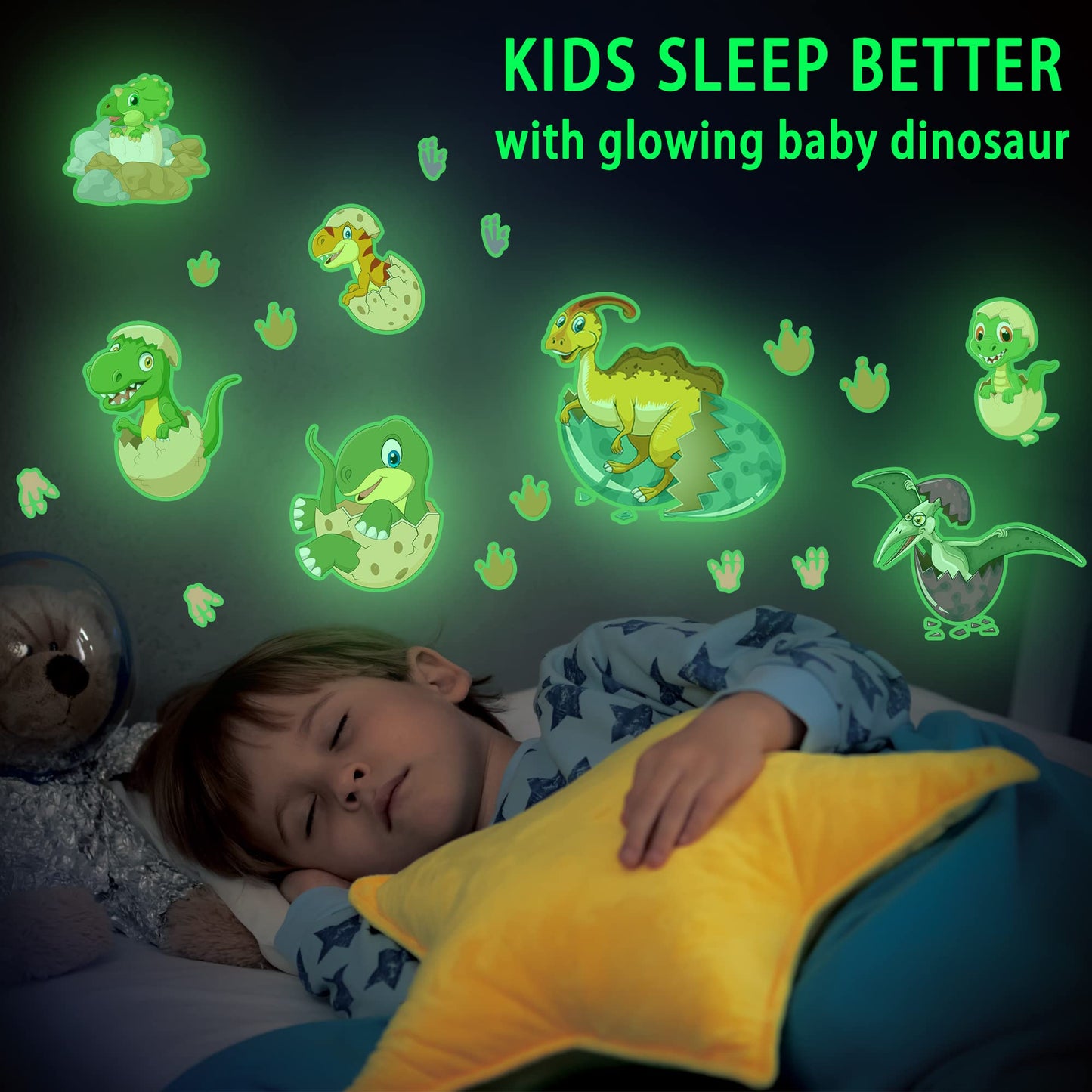 Glow in The Dark Dinosaur Wall Decals for Kids Room, Removable Footprints Baby Nino Vinyl Stickers, Nursery Decoration Classroom Gift for Boy Toddlers