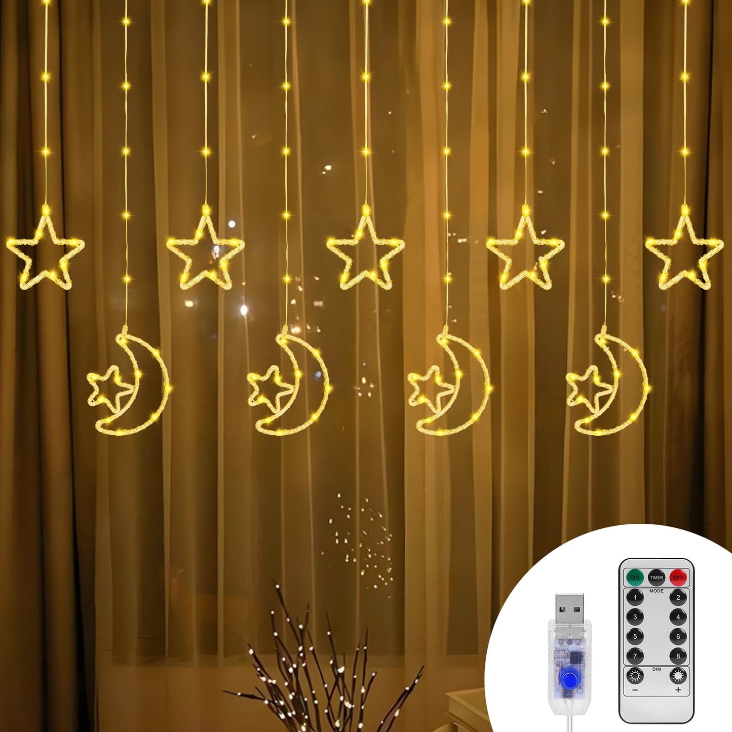 BomKra 130 LED Star Moon Curtain Decorative Lights, Ramadan Window Curtain Fairy String Lights, Remote Control & USB Plug, 8 Lighting Modes, for Indoor, Home Holiday, Party, Ramadan Decorations