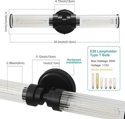 Bathroom Light Fixtures, Black Wall Sconce in Threaded Glass Indoor Vanity Lights, Modern Bathroom Vanity Light Up and Down Sconces Wall Lighting for Bathroom, Living Room - Bulb Not Included