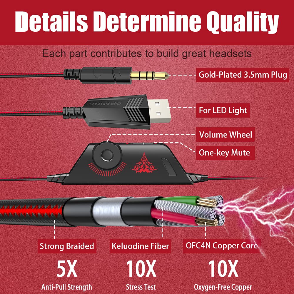 BENGOO Stereo Pro Gaming Headset for PS4, PC, Xbox One Controller, Noise Cancelling Over Ear Headphones with Mic, LED Light, Bass Surround, Soft Memory Earmuffs for Laptop Mac Wii Accessory Kits