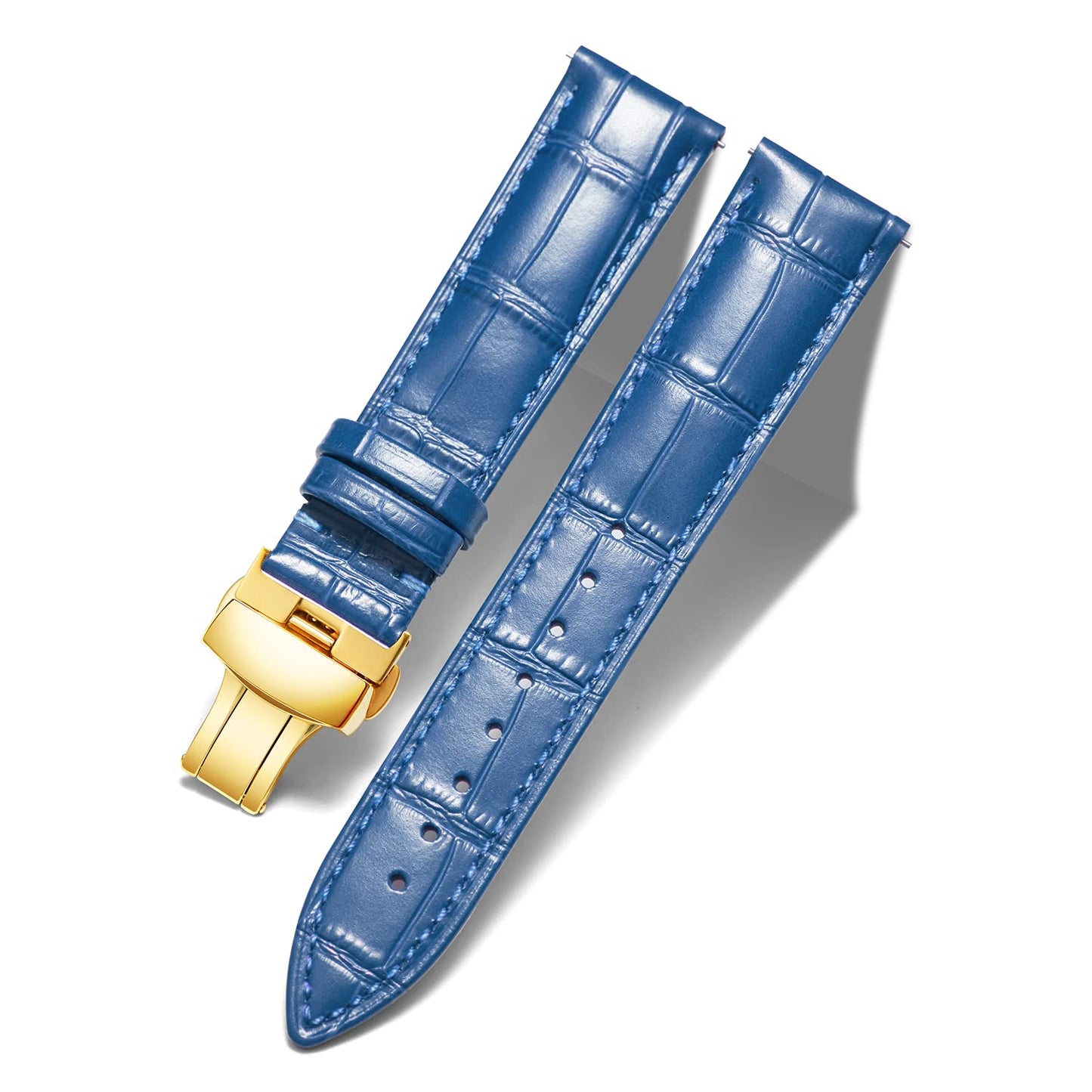 BINLUN Leather Watch Strap, Quick Release Genuine Leather Replacement Watch Band with Butterfly Deployment Buckle for Men and Women, 12mm-24mm(Blue-Gold,18mm)