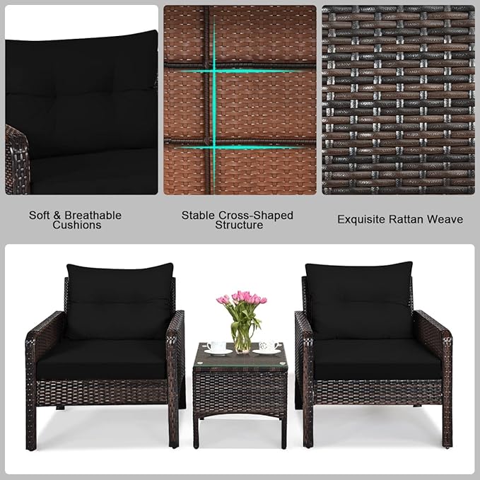 HAPPYGRILL 3 Pieces Patio Conversation Set Outdoor Rattan Wicker Furniture Set with Coffee Table & Chairs Patio Bistro with Seat Cushions for Garden Balcony Backyard Poolside
