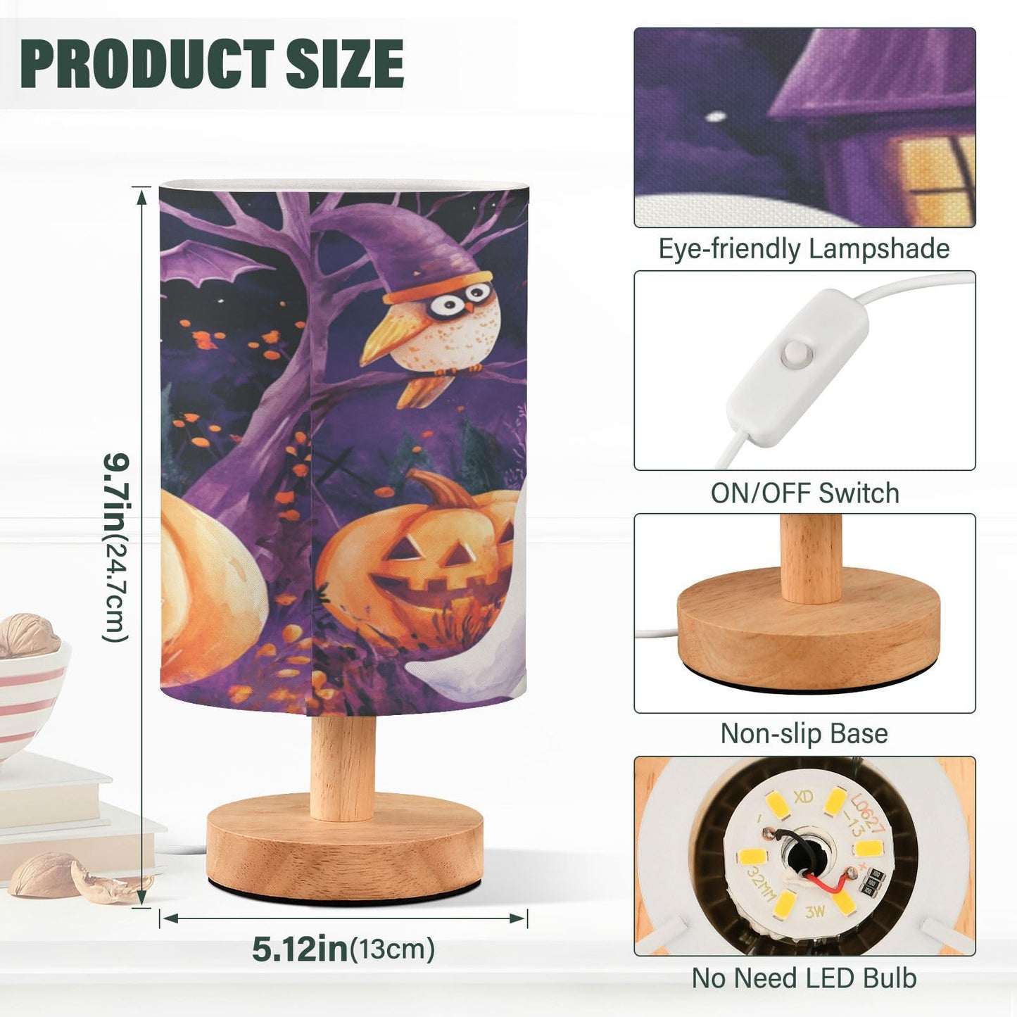 Dussdil Halloween Ghost Pumpkin Table Lamp Bedroom Bedside Night Reading Desk Lamps Bat Owl Cylinder Nightstand Sleeping Light Lamp for Kids Living Room Office Decor