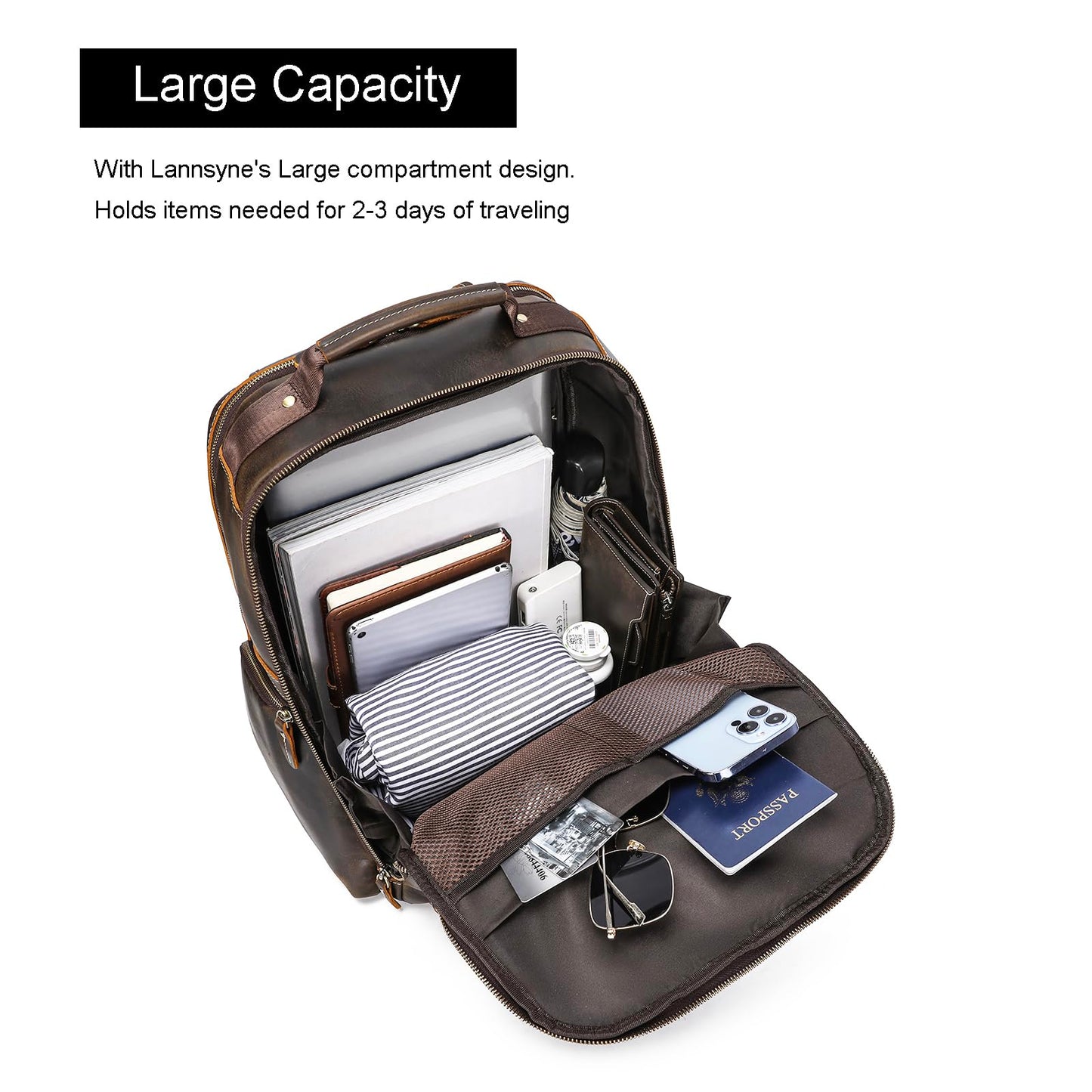 LANNSYNE Vintage Mens Full Grain Leather Backpack Fits 17.3 Inch Laptop, Large Casual Rucksack Shoulder Bag For Travel/Camping/Hiking-Brown