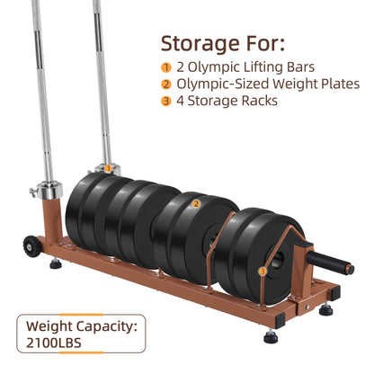 Olympic Barbell Plate Organizer with Steel Frame for home or gym,Horizontal Plate with Handle and Wheels, 300LBS Capacity, Brown