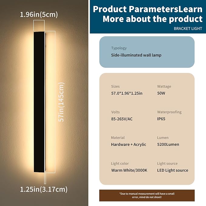 2 Pack 57inch Modern Outdoor Wall Lights, Long Strip Exterior LED Wall Sconce, 3000K Warm White, IP65 Waterproof, 50W, Black Outside Lighting Fixture for Porch, Garden, Fence, Balcony
