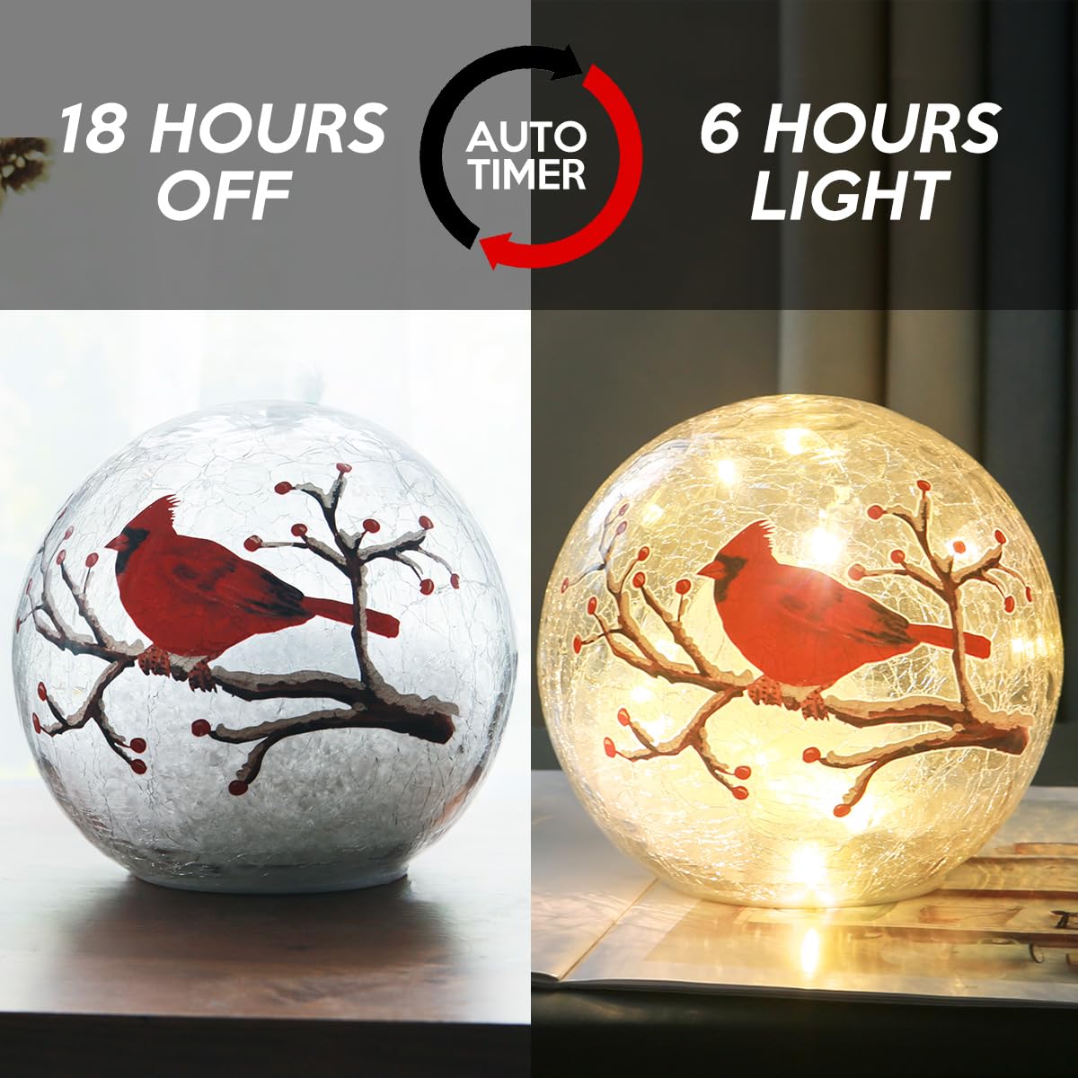 Crackle Glass Ball Cardinal Lamp With Timer - Light Up Red Bird Stained Glass Christmas Decor Accent - Orb Night Light LED Sphere Desk Globe Table Lamp