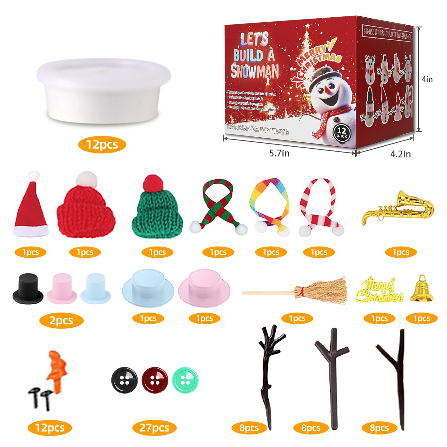 LAHAND 12-Pack Christmas Snowman Crafts Sets for Kids, Modeling Clay Snowman DIY Kit,Christmas Stocking Stuffers for Kids, Perfect for Winter Children's Holiday Party Decoration Gifts