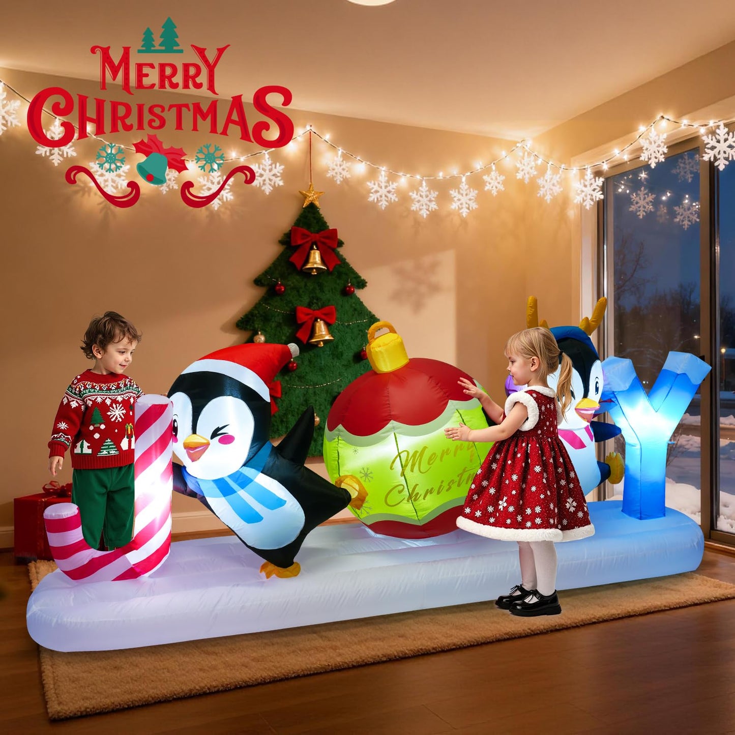 Meland 10FT Christmas Inflatable Outdoor Decorations, Christmas Blow Up Joy with Dancing Penguins & Candy Cane,Lighted Outdoor Yard Inflatable Cute Xmas Decor for Holiday Lawn Display