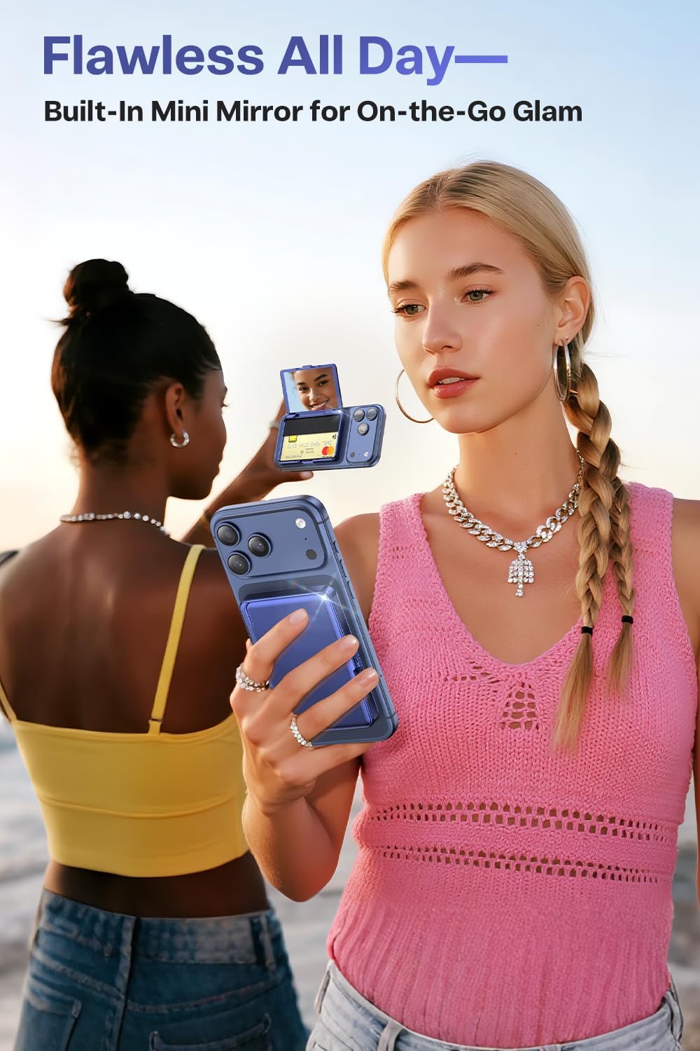 Meifigno Strong Magnetic Phone Wallet with Mirror & Kickstand, Magnetic Phone Card Holder (3-4 Cards & Cash) Compatible with iPhone 17/16/15/14/13/12 Series, Metal Plating Glossy, Deep Blue