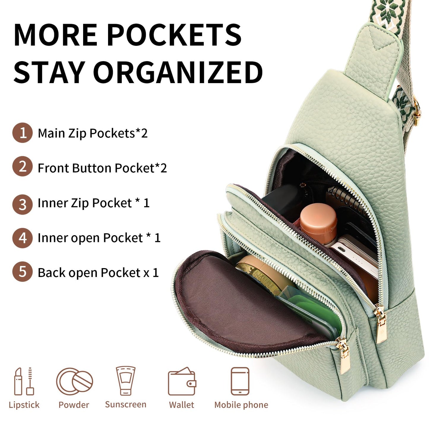 FALAN MULE Small Crossbody Sling Bags Fanny Packs Leather Purses Chest Bag for Women (Green)