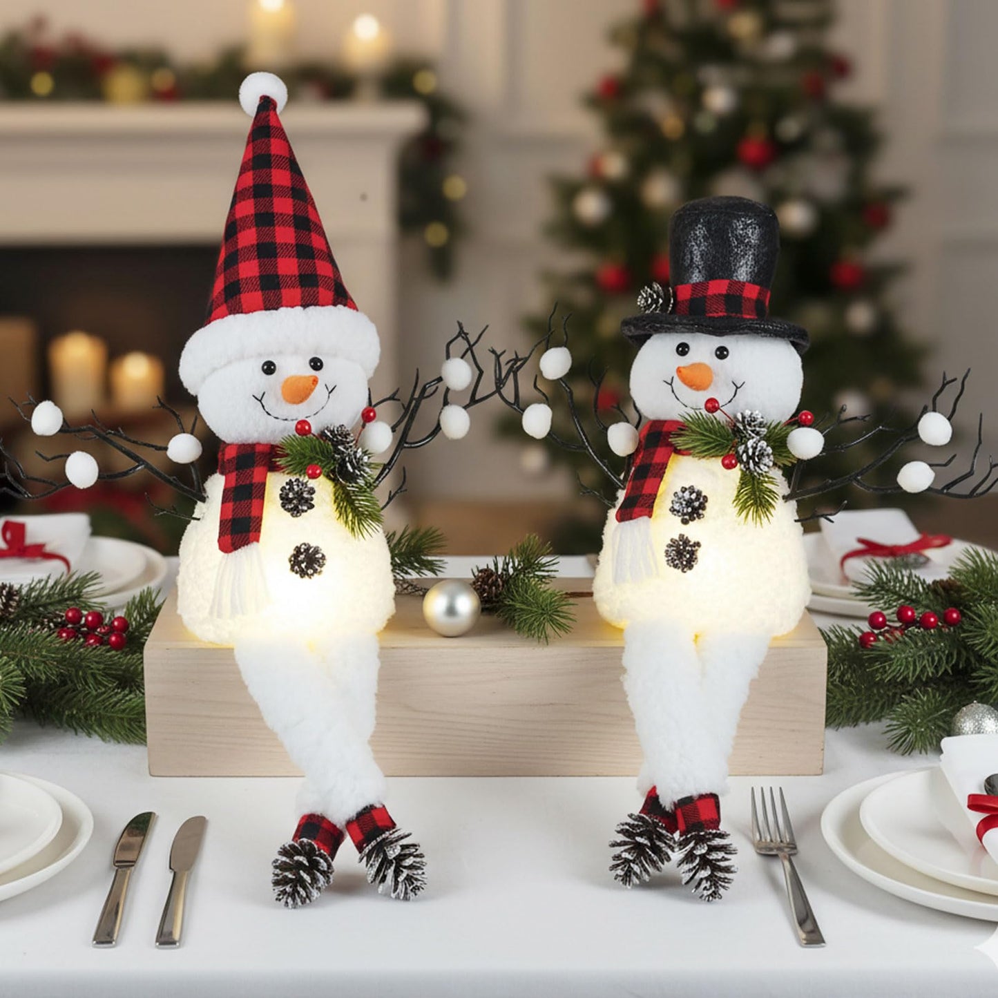 2 Pack Christmas Table Decorations, 18" Lighted Plush Snowmen Christmas Trees with Pine Cone Twigs, Light Up Snowman Holiday Present, Battery Operated Xmas Gifts Tabletop Ornaments (Black and Red)