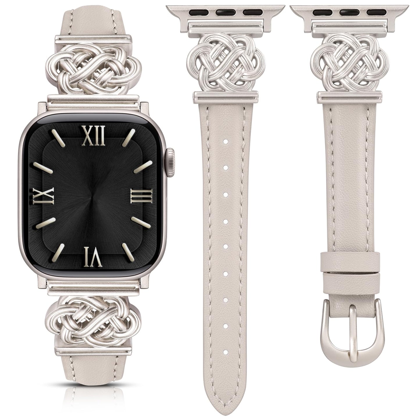 Minyee Celtic Knot Leather Band Compatible with Apple Watch Band 38/40/41/42mm Women, Slim Thin Dressy Premium Leather Interlock Buckle Strap for iWatch Series 11 10 9 Ultra SE 8 7 6 5 4 3,Starlight