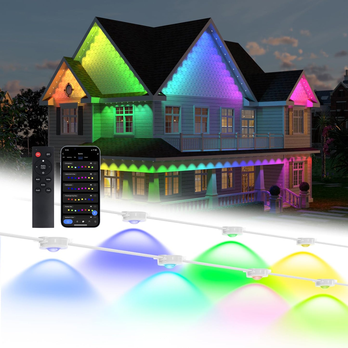 olivilily Permanent Outdoor Lights, 50ft with 30 LEDs Smart RGB, 68+ Scene Modes IP66 Waterproof, Alexa/Google Assistant Compatible Holiday Lighting for Christmas Halloween Patio Decor