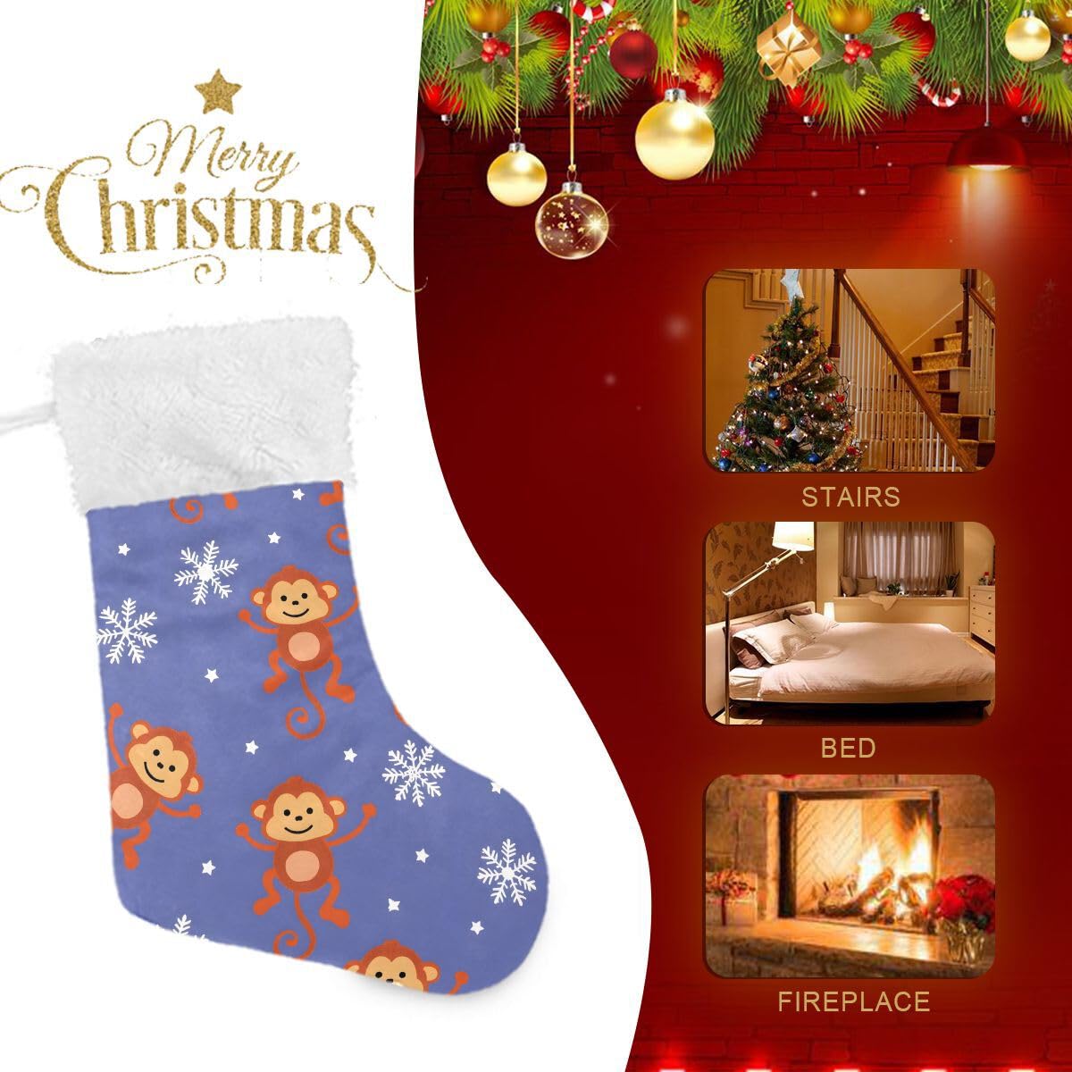 Christmas Stockings, 18 inches Burlap with Plush Faux Fur Cuff Stockings Symbol of A Monkey Family Holiday Xmas Party Decorations