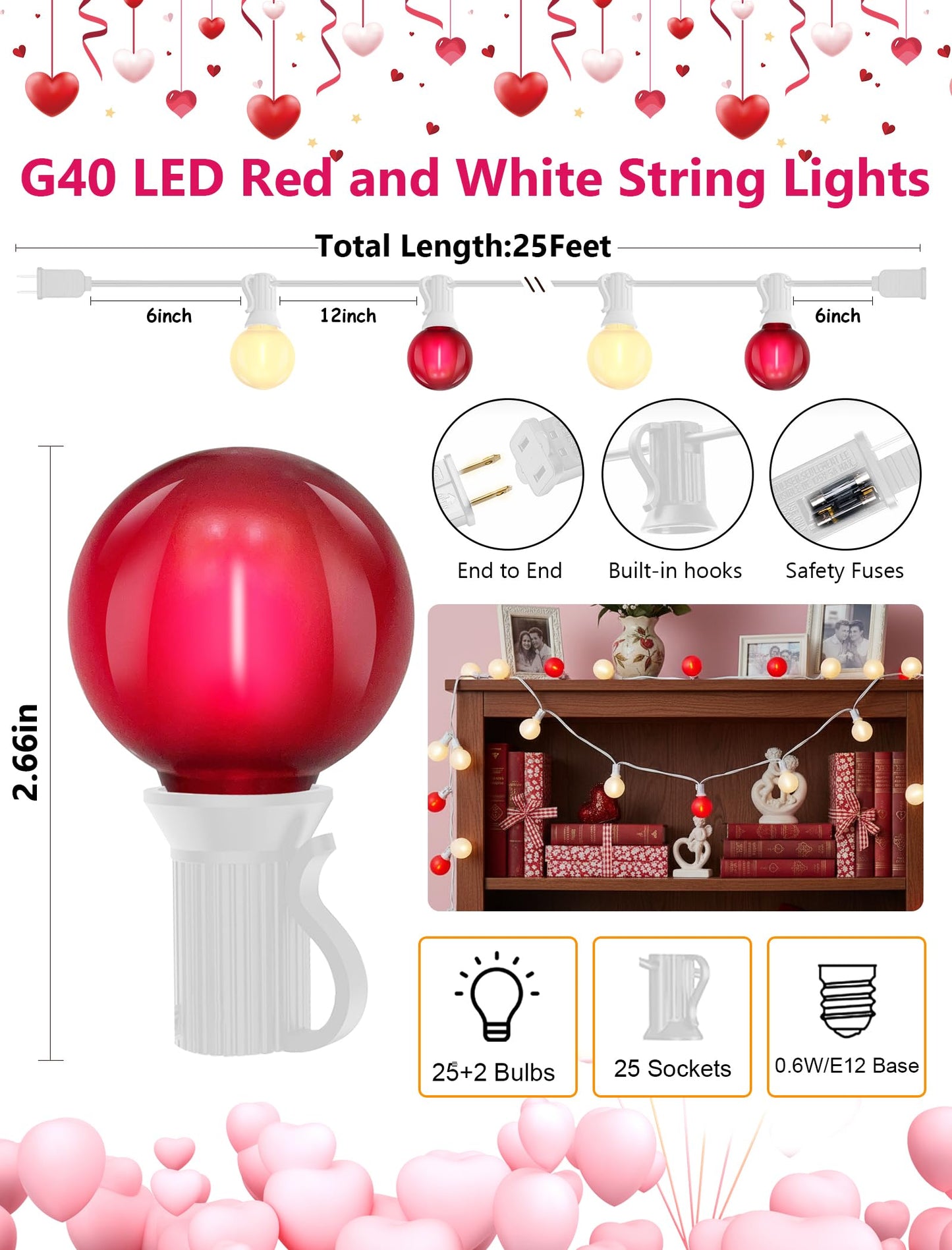 25FT LED Valentine’s Day String Lights, 25 G40 Valentines Decoration Lights Outdoor with Frosted Red White Bulbs, Hanging Patio Lights Shatterproof for 4th of July Independence Day Patriotic Party