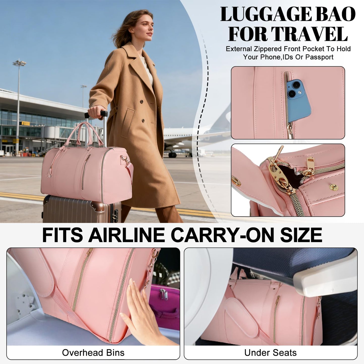 Geestock Garment Bag for Travel, Convertible Carry On Garment Duffle Bags for Women with Shoe Pouch & Detachable Shoulder Strap, Large PU Leather, 2 in 1 Hanging Suitcase Dress Suit Travel Bag, Beige