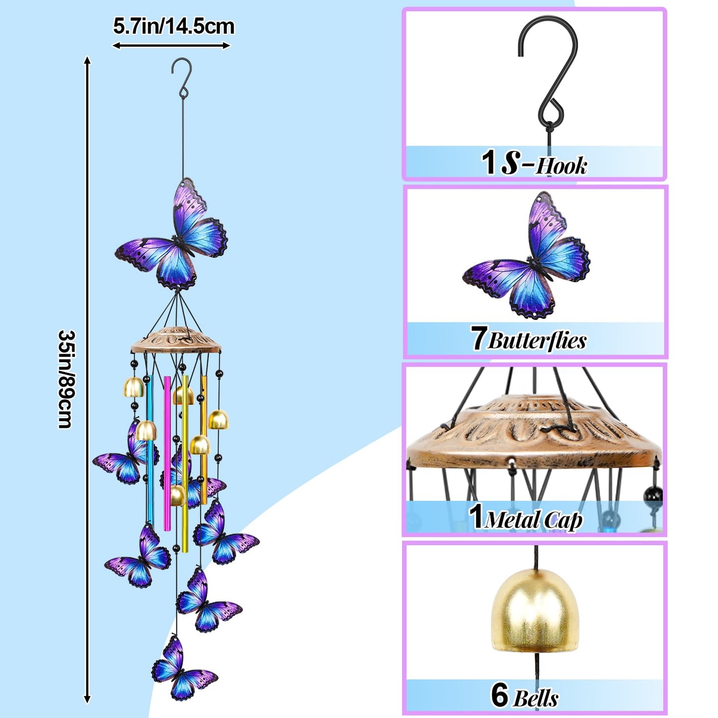 VeyFolzin.st 35" Wind Chimes for Outside, Hand-Tuned Aluminum Windchimes with 6 Bells & Butterfly Decor, Rustproof Metal Chimes for Garden Patio Porch, Sympathy Memorial Gift for Mom Women(Butterfly)