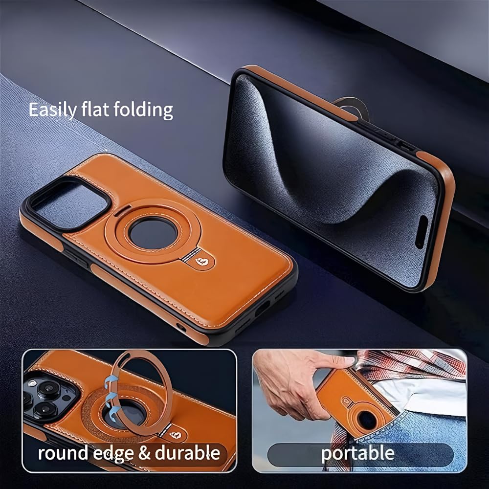 WarmWhisper Leather Material with Metal Magnetic Folding Stand,Luxury Leather Invisible Stand Phone Case Cover for iPhone 12-17 (iPhone15 Pro Max,Brown)