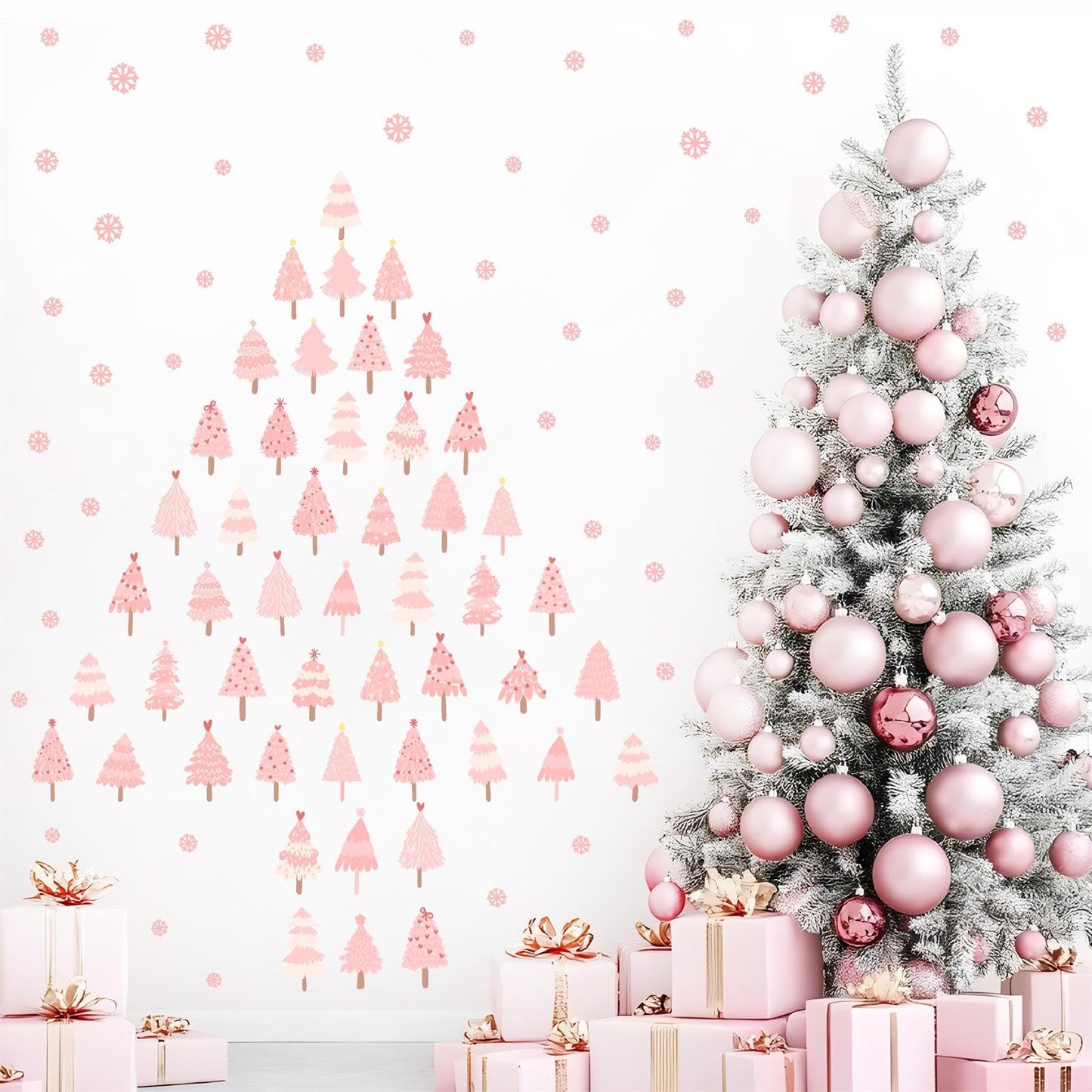 Pink Christmas Tree Wall Decals Merry Christmas Wall Stickers Peel and Stick Xmas Snowflake Sticker for Crafts Decoration Home Indoor Pink Pine Tree Decal for Kids Bedroom Winter Holiday Party Decor
