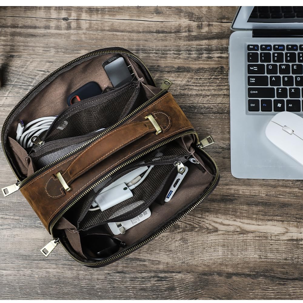 CONTACTS Full Grain Leather Tech Organizer Travel Case for Electronics Accessories Portable Cable Organizer Pouch with Handle, Storage Bag for Charger, Cables, Power Bank, Mouse
