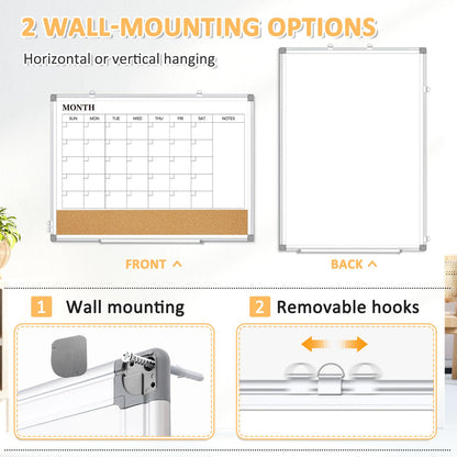 QUEENLINK Dry Erase Calendar Board for Wall, 24"x18" Magnetic Whiteboard Calendar Double-Sided Monthly White Board with Cork Board, Aluminum Frame Memo Message Board for Office, Home, School, Kitchen