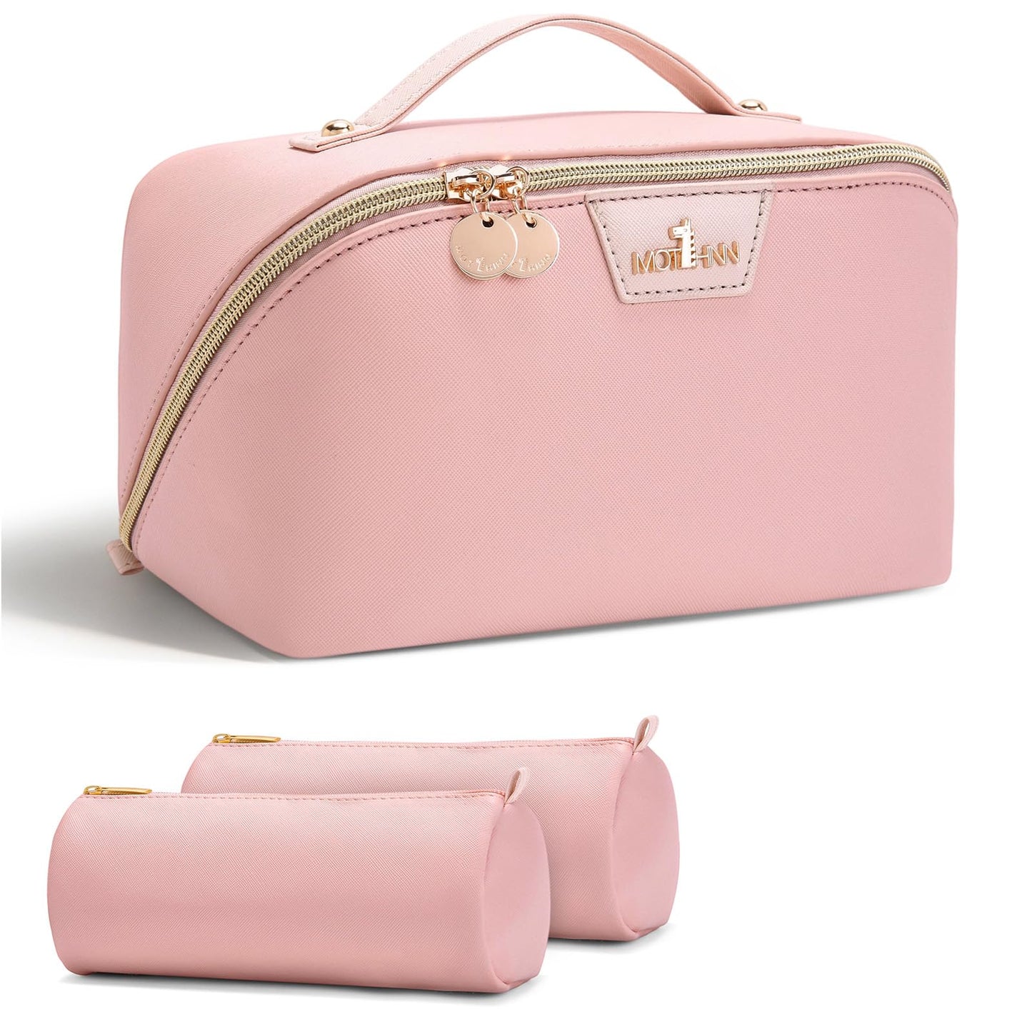 MOT HINN Travel Makeup Bag for Women: 3-in-1 Large Capacity Cosmetics Organizer with 2 Detachable Pouch - Vegan Leather Flat Open Toiletry Bag - Portable Travel Essentials for Full-Sized Bottles(Pink)