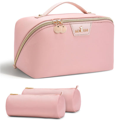 MOT HINN Travel Makeup Bag for Women: 3-in-1 Large Capacity Cosmetics Organizer with 2 Detachable Pouch - Vegan Leather Flat Open Toiletry Bag - Portable Travel Essentials for Full-Sized Bottles(Pink)