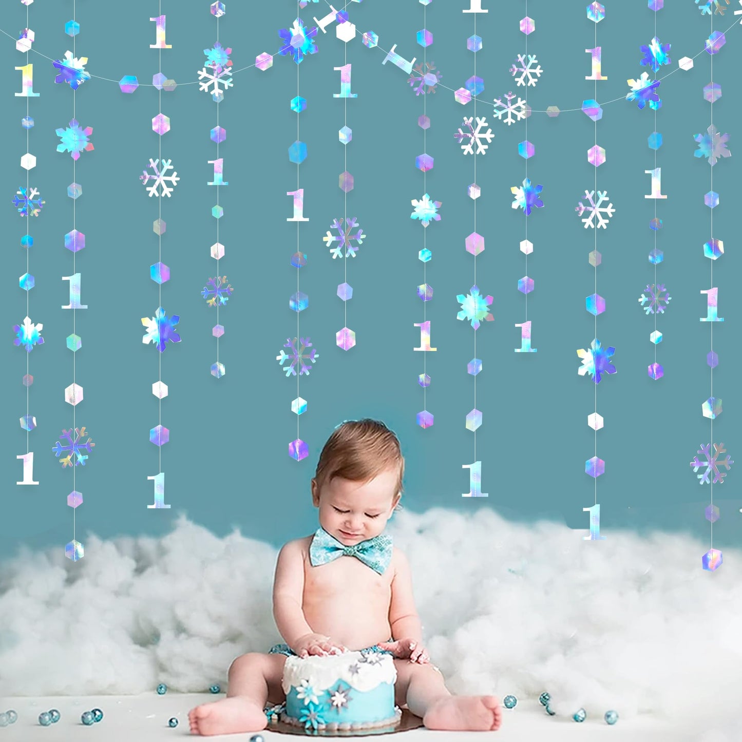 52Ft Winter Onederland Birthday Decorations Iridescent Snowflakes 1st Holographic Paper Snowflakes Garland Streamer for Winter Wonderland Christmas Frozen Snowflake First Birthday Party Supplies