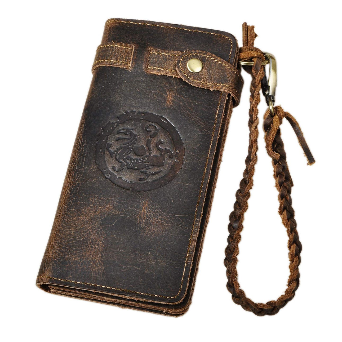 Le'aokuu Mens Genuine Leather Bifold Wallet Organizer Checkbook Removable Chain Wallet