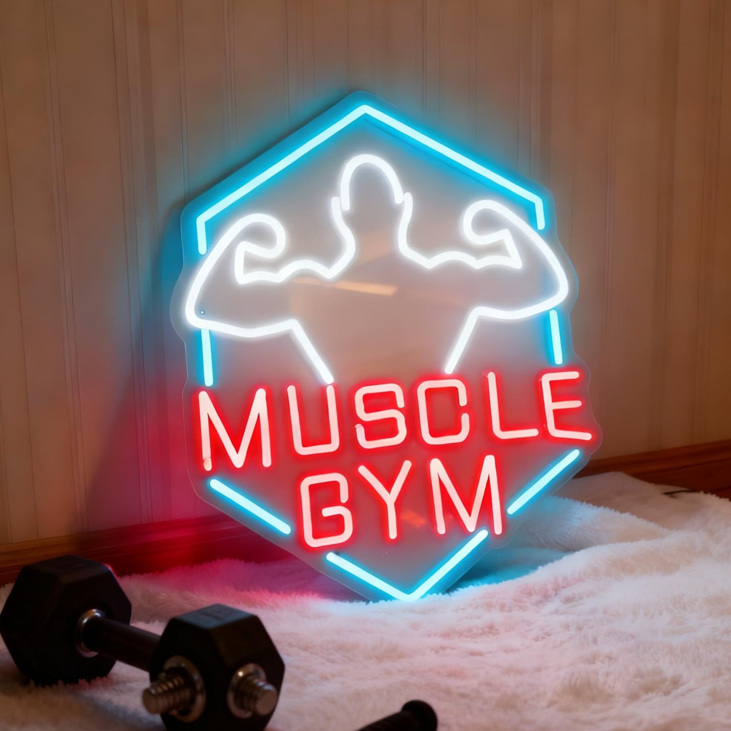 Muscle Gym LED Neon Sign, Home Gym Fitness Center Workout Space Fitness Studio Gym Room Wall Table Decor, Gift for Bodybuilder, USB Powered Dimmable Decorative Neon Light 17 x 13 In