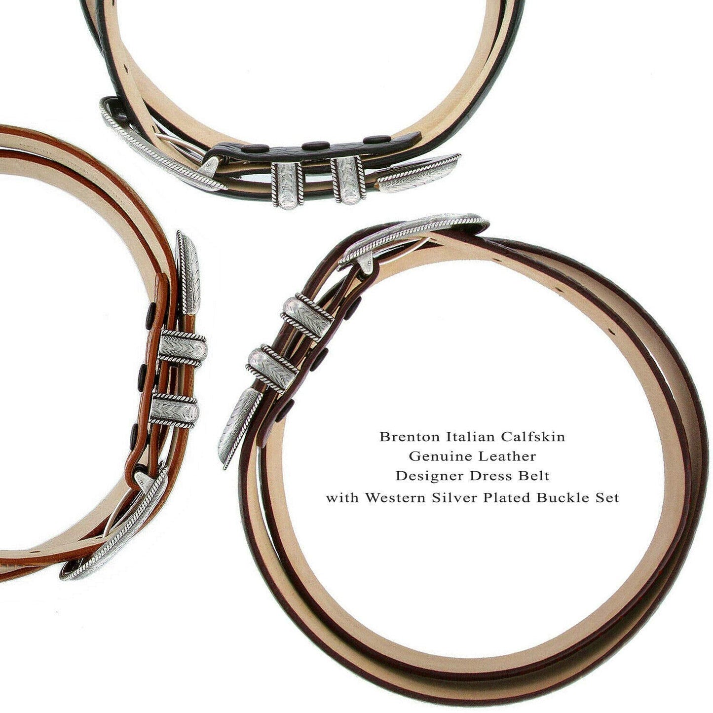 Belts.com Brenton_Genuine Full-Grain Cowhide Leather Dress Belt with Western Silver Plated Buckle Set (Smooth Black, 32)