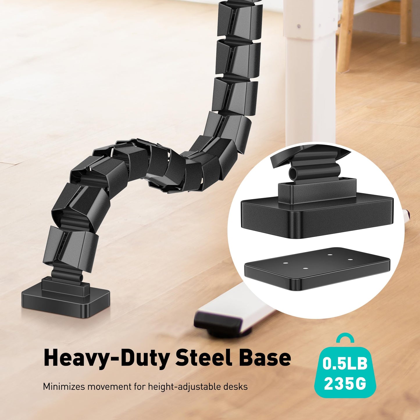DeskLogics Clamp-On Cable Management Spine, No-Drill Vertebrae Wire Hider for Glass & Wood Standing Desks, Tool-Free Adjustable Desk-to-Floor Cord Organizer Snake with Non-Scratch Silicone Padding