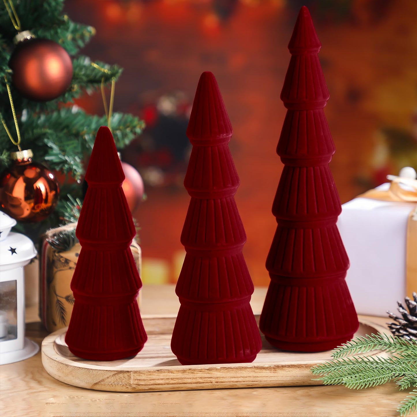 Bucherry 3 PCS Velvet Christmas Tree Figurines Decoration - 8" 10" 14" Modern Cone Christmas Tabletop Home Rustic Centerpiece Set for Winter Holiday Mantel Entryway Party Decor(Burgundy)