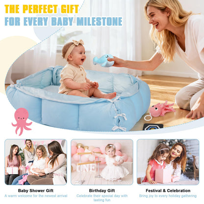 5-in-1 Tummy Time Mat Baby Activity Gym with Cartoon Pattern, Extra Thick Plush Play Floor Mat, Featuring Hanging Toys, Sensory Development Gym & Lovely Gift for Newborn Baby, Whale
