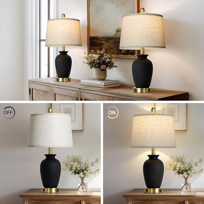 23" Set of 2 Black Ceramic Farmhouse Table Lamp with Ginger Jar Design, Bedside USB Lamps for Living Room,Dining Room,Bedroom,Office,Nightstand,End Table