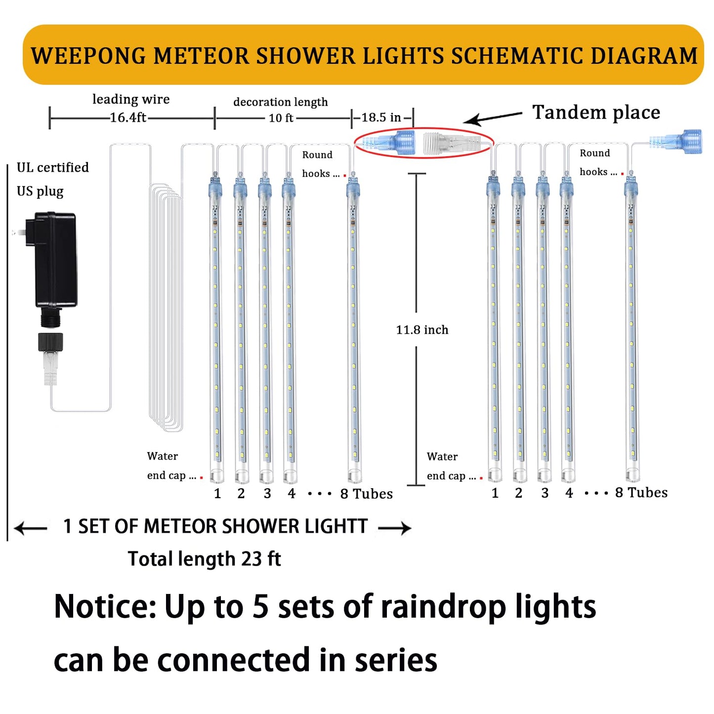 Weepong Meteor Shower Lights Outdoor Christmas Lights UL Certified Falling Rain Drop Snowfall Icicle Cascading String Light for Xmas Holiday Tree Wedding Party Garden Decor Blue, 12 Inch 8 Tubes
