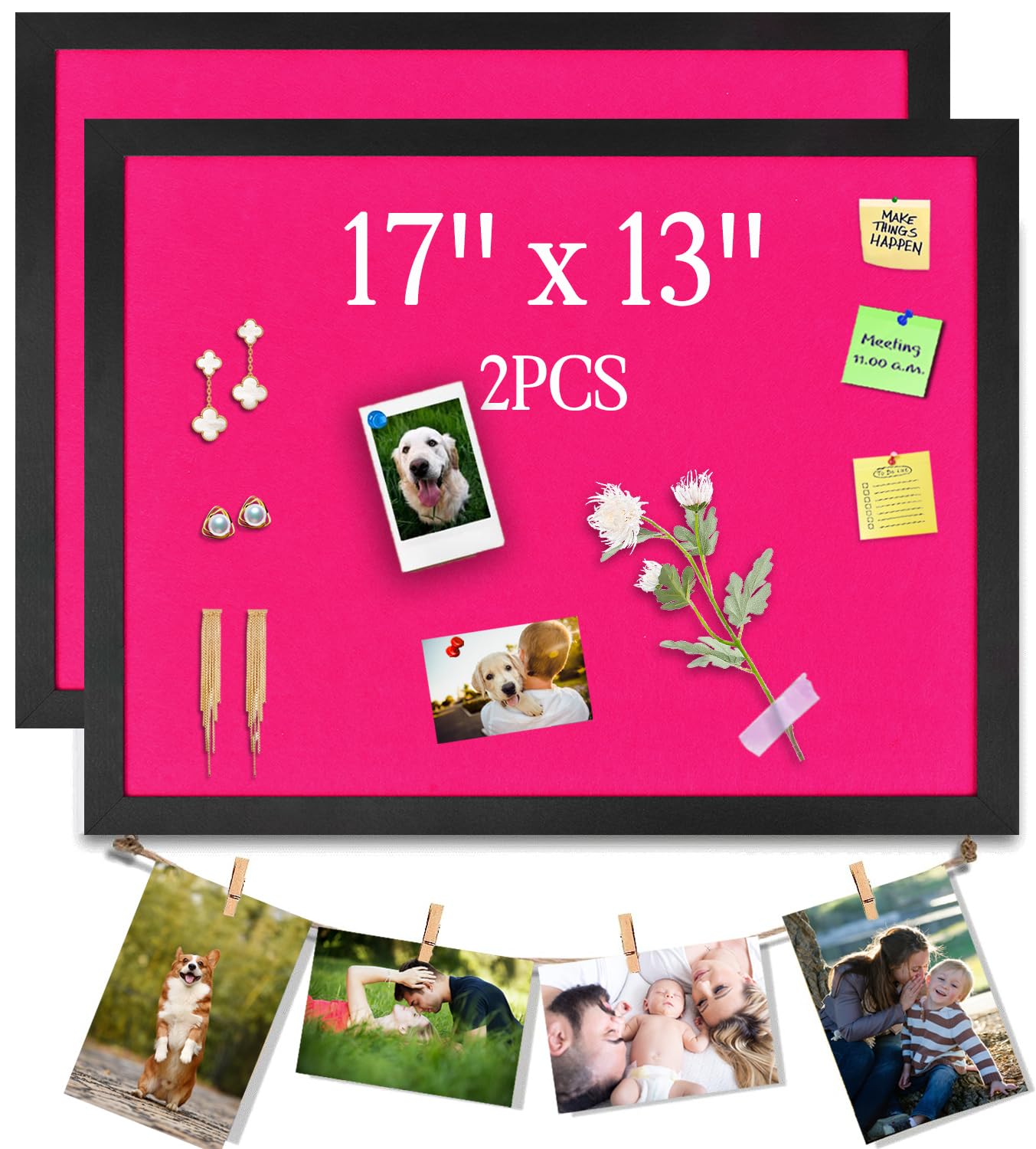 Pink Bulletin Boards Cork Board with Felt, 17"x13" Large Display Pin Board Vision Board for Walls, Jewelry, Notes, Collection, Photos, Office, Wood Framed(Black) & Felt(Pink), 2pc
