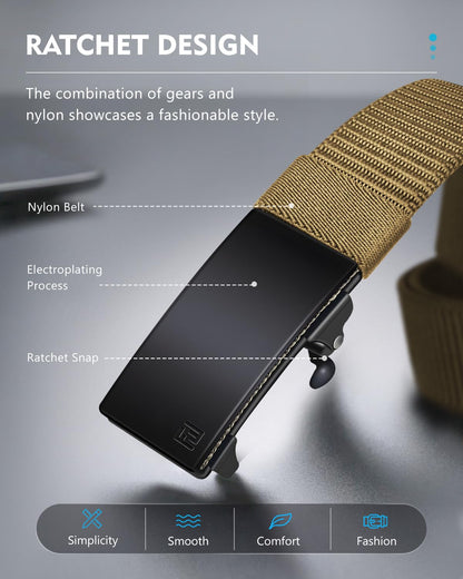 FAIRWIN Men's Ratchet Web Belt,1.25 inch Nylon Automatic Buckle,No Holes Invisible Belts for Men Jeans Pants
